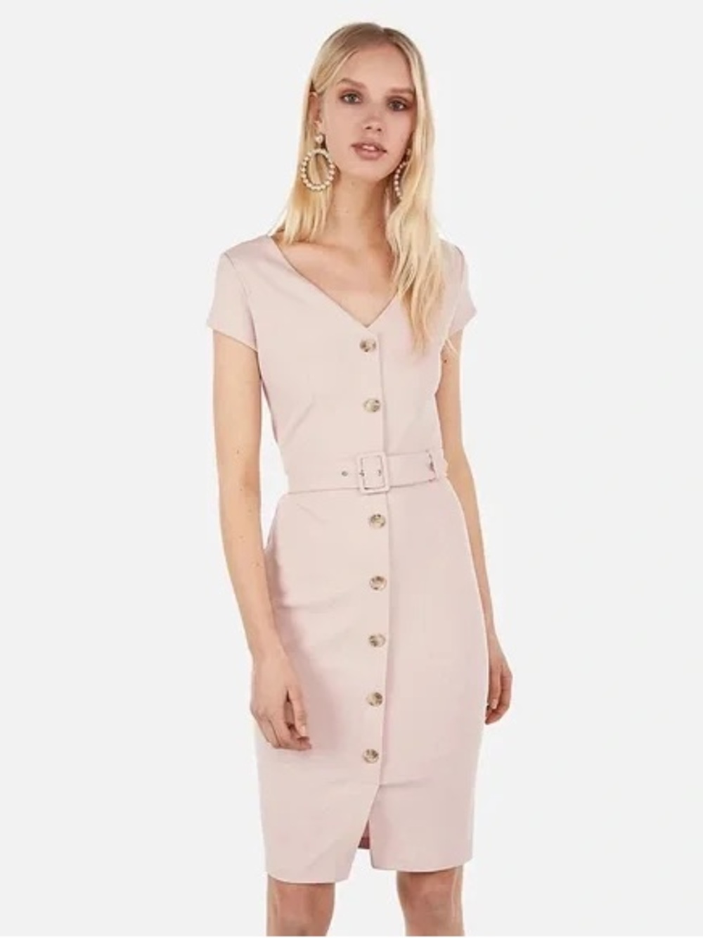 Women's Express Blush Pink Button-Front V-Neck Dress with Tie Belt